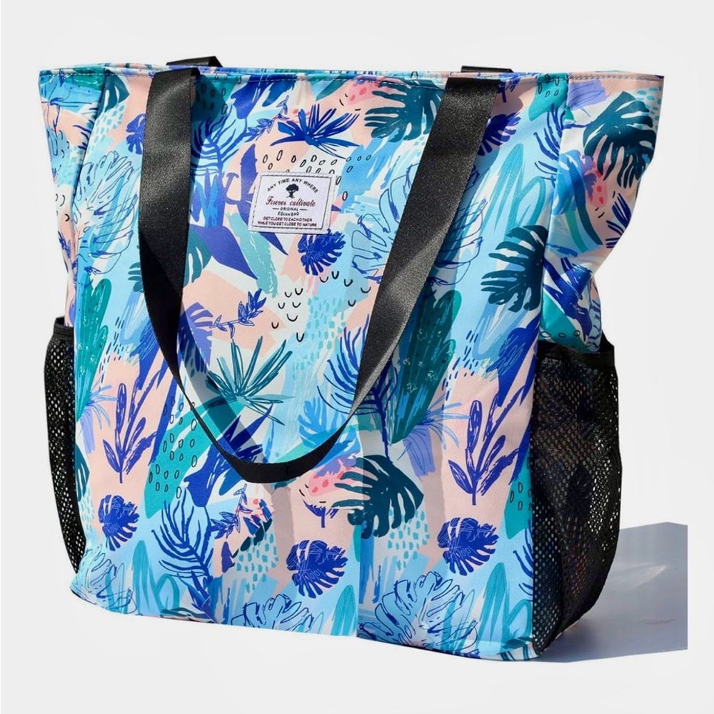 Tropical Blue Floral Shoulder Tote Bag